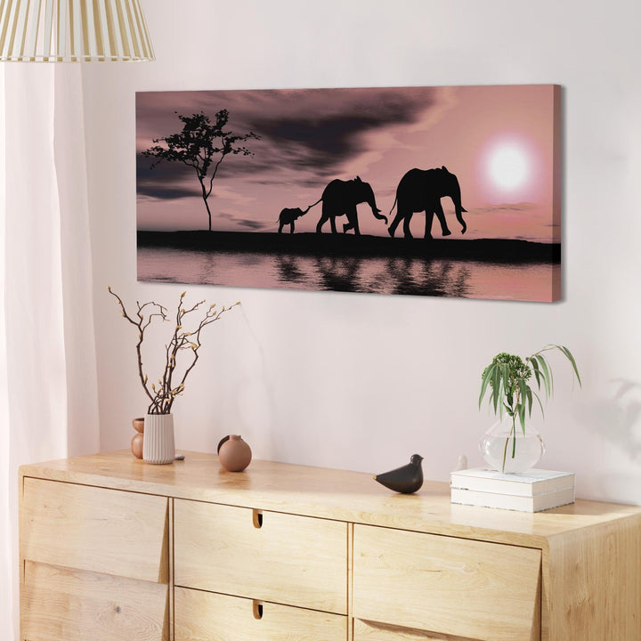 Blush Pink African Sunset Elephants Canvas Wall Art Print - 1361