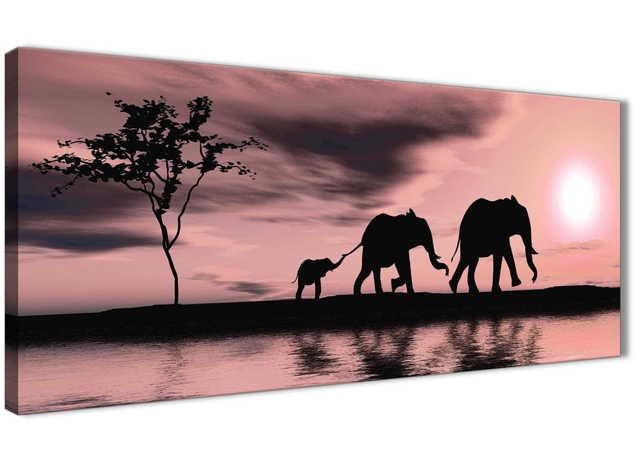 Oversized Blush Pink African Sunset Elephants Canvas Wall Art Print Modern 120cm Wide For Your Living Room-1361
