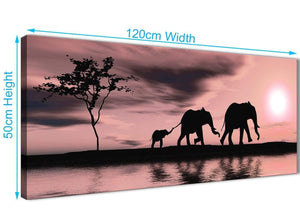 Panoramic Blush Pink African Sunset Elephants Canvas Wall Art Print Modern 120cm Wide For Your Living Room-1361