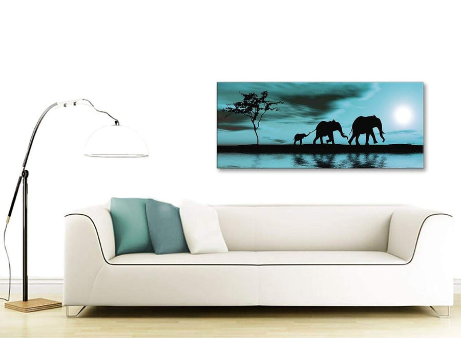Contemporary Teal African Sunset Elephants Canvas Wall Art Print Modern 120cm Wide For Your Kitchen-1362