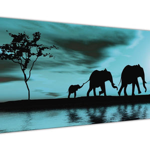 Oversized Teal African Sunset Elephants Canvas Wall Art Print Modern 120cm Wide For Your Kitchen-1362