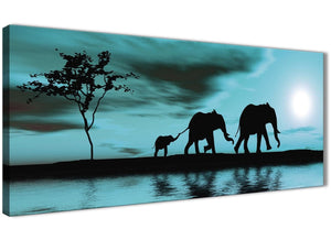 Oversized Teal African Sunset Elephants Canvas Wall Art Print Modern 120cm Wide For Your Kitchen-1362