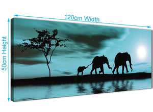 Panoramic Teal African Sunset Elephants Canvas Wall Art Print Modern 120cm Wide For Your Living Room-1362