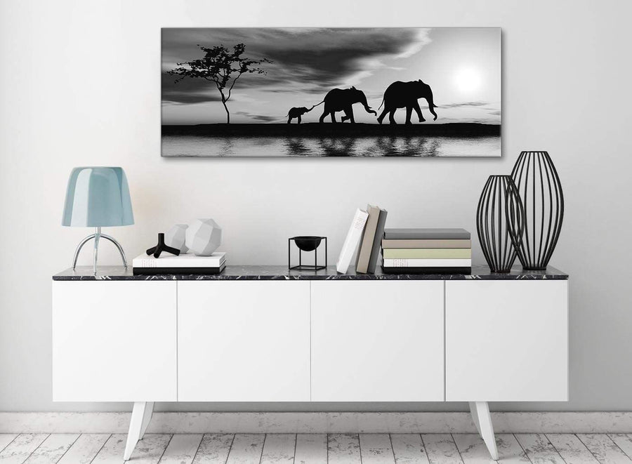 Cheap Black White African Sunset Elephants Canvas Wall Art Print Modern 120cm Wide For Your Dining Room-1363