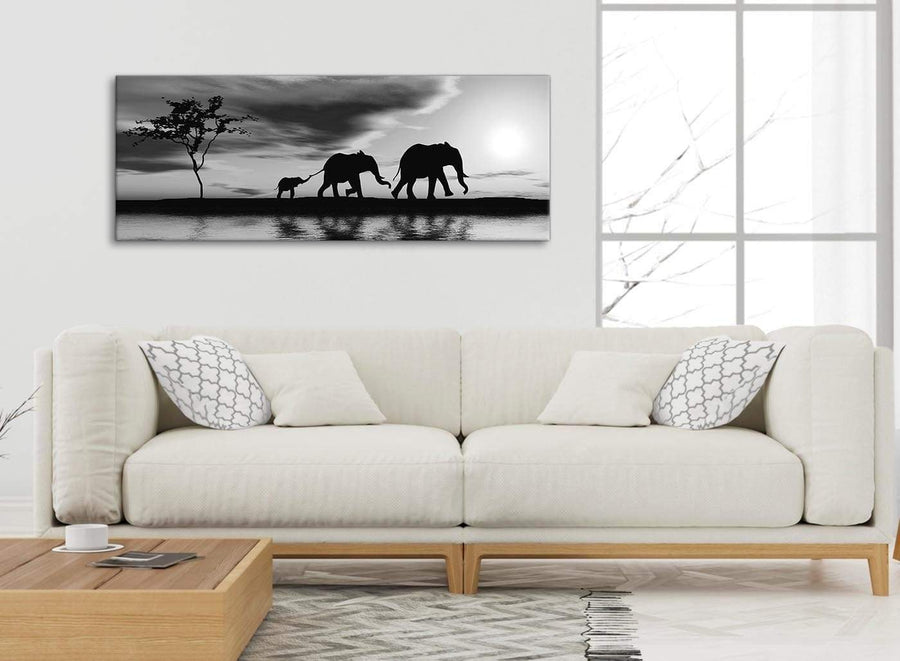 Contemporary Black White African Sunset Elephants Canvas Wall Art Print Modern 120cm Wide For Your Dining Room-1363
