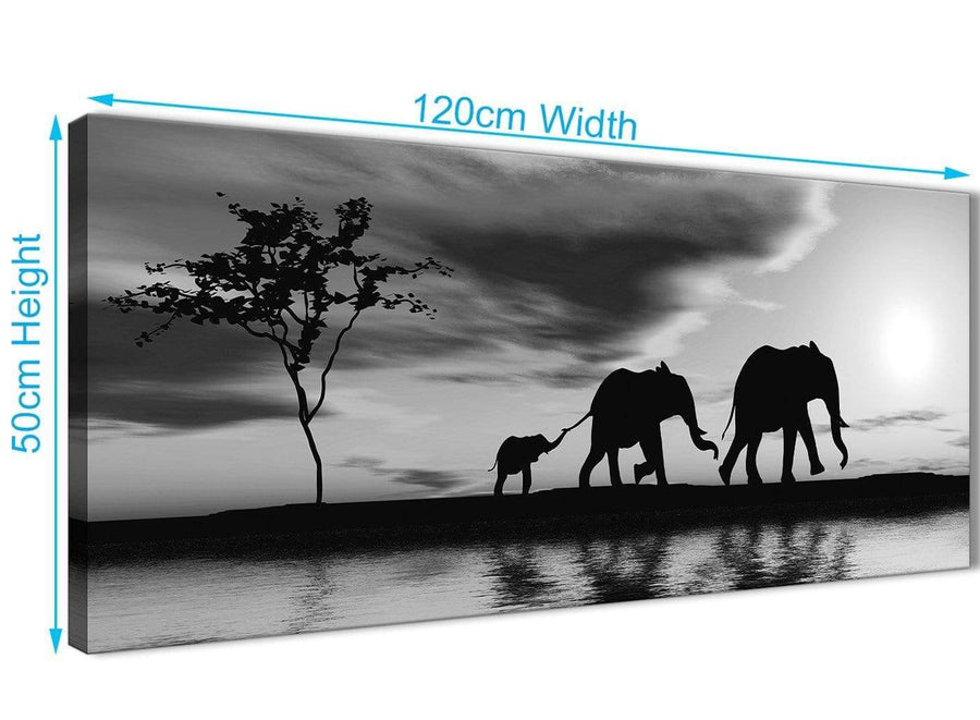 Panoramic Black White African Sunset Elephants Canvas Wall Art Print Modern 120cm Wide For Your Kitchen-1363