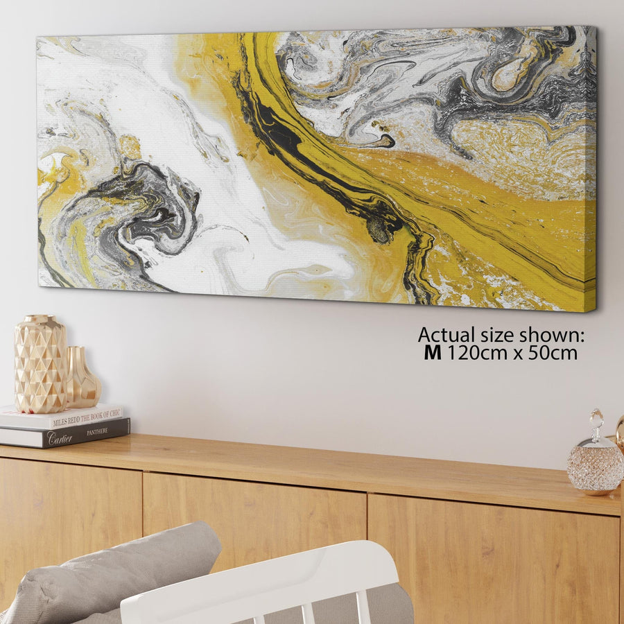 Mustard Yellow and Grey Swirl Bedroom Canvas Wall Art Accessories - Abstract Print