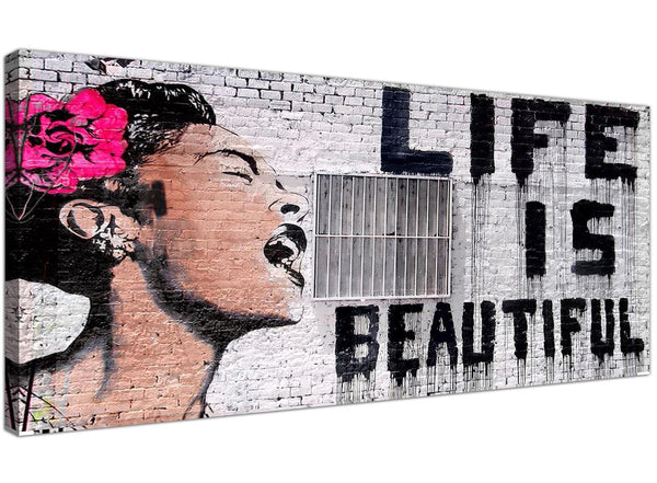 Large Banksy Life is Beautiful - Pink Modern Canvas Art - 120cm - 1232
