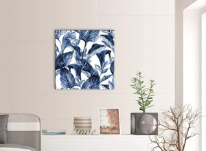 Contemporary Indigo Navy Blue White Tropical Leaves Canvas Modern 64cm Square 1S320M For Your Dining Room