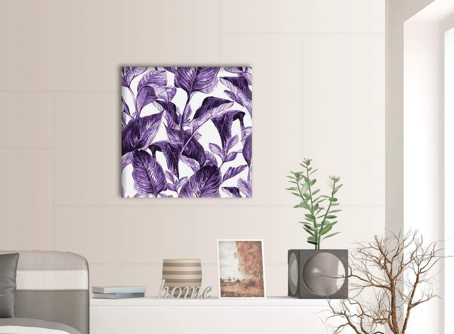 Contemporary Dark Purple White Tropical Exotic Leaves Canvas Modern 64cm Square 1S322M For Your Living Room