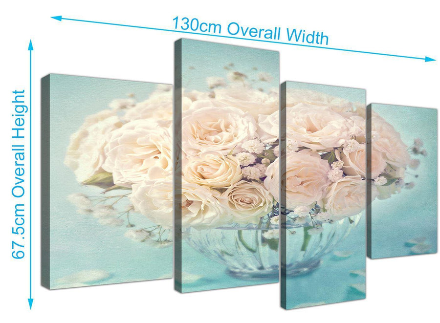 panoramic large duck egg blue and white roses flowers floral canvas multi 4 part 4286 for your dining room