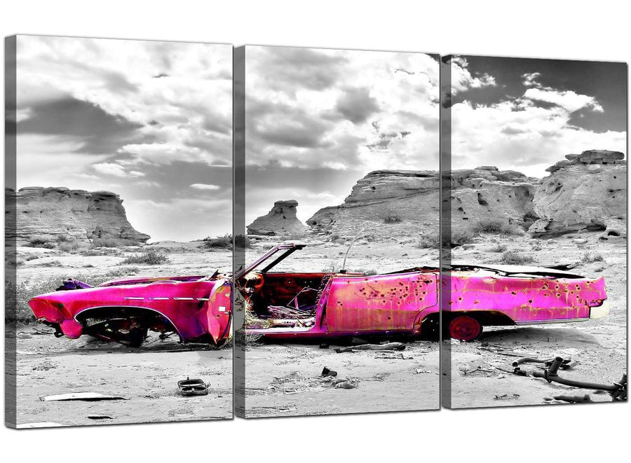 Set of 3 Desert Canvas Art Pink Car 3145