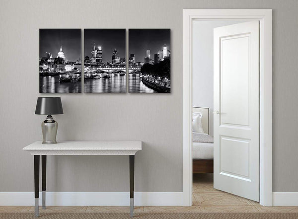 3 Piece Landscape Canvas Wall Art River Thames Skyline of London - 3430 Black White Grey 126cm Set of Prints