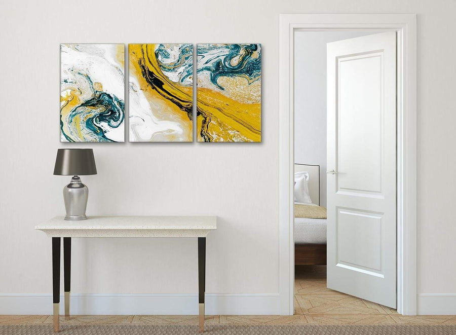 3 Piece Mustard Yellow and Teal Swirl Dining Room Canvas Wall Art Accessories - Abstract 3470 - 126cm Set of Prints