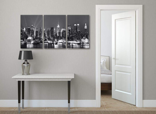 3 Panel Landscape Canvas Wall Art New York Hudson River Skyline - 3435 Black White Grey 126cm Set of Prints