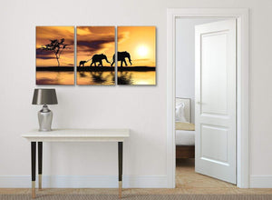 3 Piece Animal Canvas Wall Art African Sunset Elephants - 3479 Mustard Yellow 126cm Set of Prints