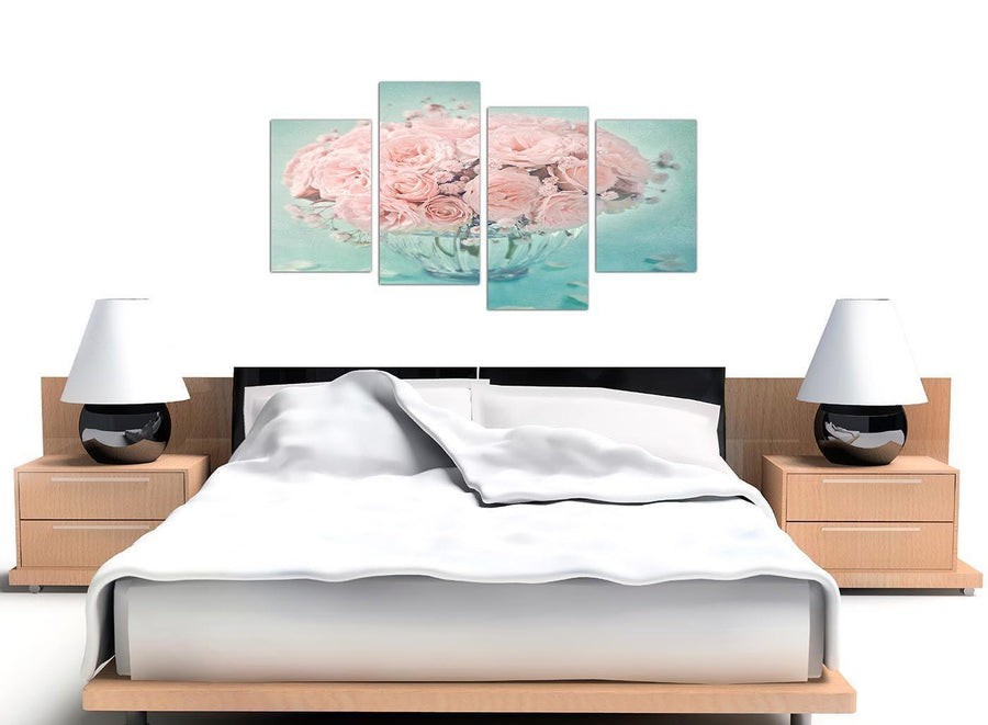 oversized large duck egg blue and pink roses flower floral canvas split 4 piece 4287 for your girls bedroom