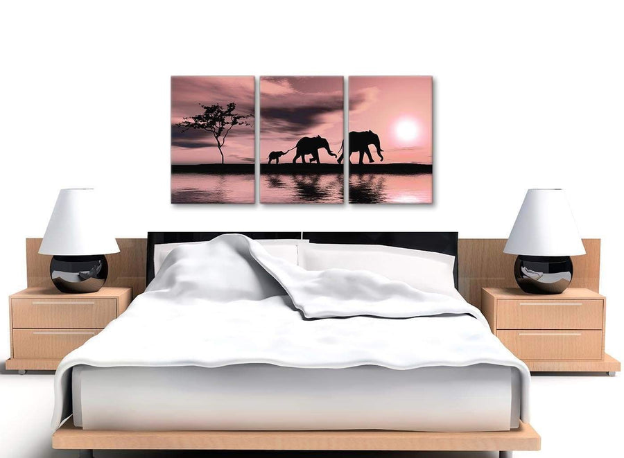Cheap Blush Pink African Sunset Elephants Canvas Wall Art Print Multi 3 Part 125cm Wide For Your Living Room-3361