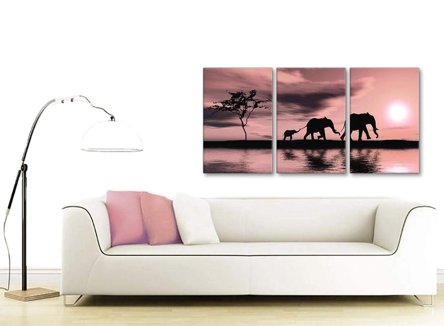 Contemporary Blush Pink African Sunset Elephants Canvas Wall Art Print Multi 3 Part 125cm Wide For Your Dining Room-3361