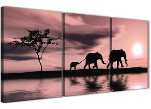 Oversized Blush Pink African Sunset Elephants Canvas Wall Art Print Multi 3 Part 125cm Wide For Your Kitchen-3361