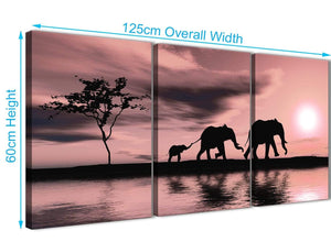 Panoramic Blush Pink African Sunset Elephants Canvas Wall Art Print Multi 3 Part 125cm Wide For Your Living Room-3361