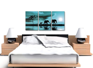 Cheap Teal African Sunset Elephants Canvas Wall Art Print Split 3 Piece 125cm Wide For Your Living Room-3362