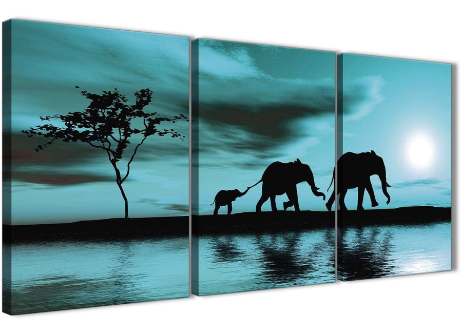 Oversized Teal African Sunset Elephants Canvas Wall Art Print Split 3 Piece 125cm Wide For Your Living Room-3362