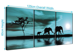 Panoramic Teal African Sunset Elephants Canvas Wall Art Print Split 3 Piece 125cm Wide For Your Kitchen-3362