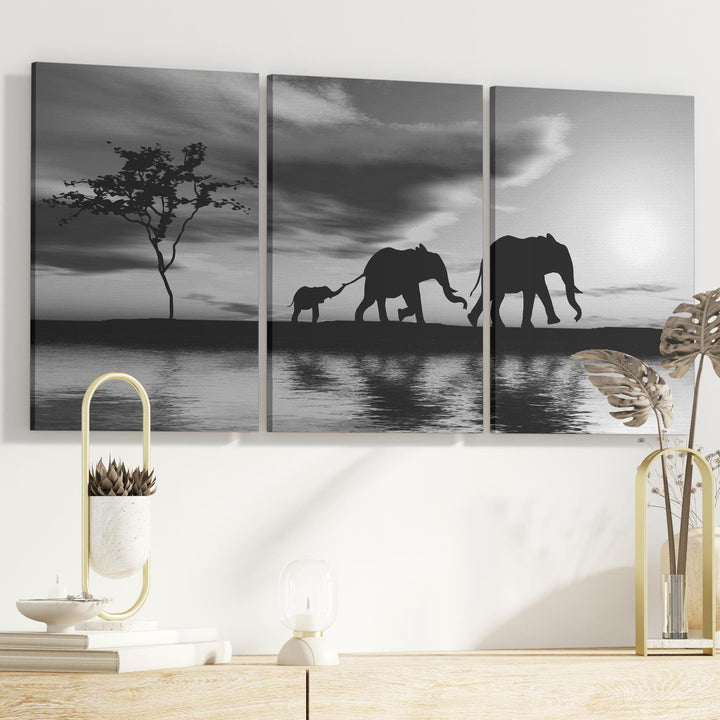 Black White African Sunset Elephants Canvas Wall Art Print - 3363