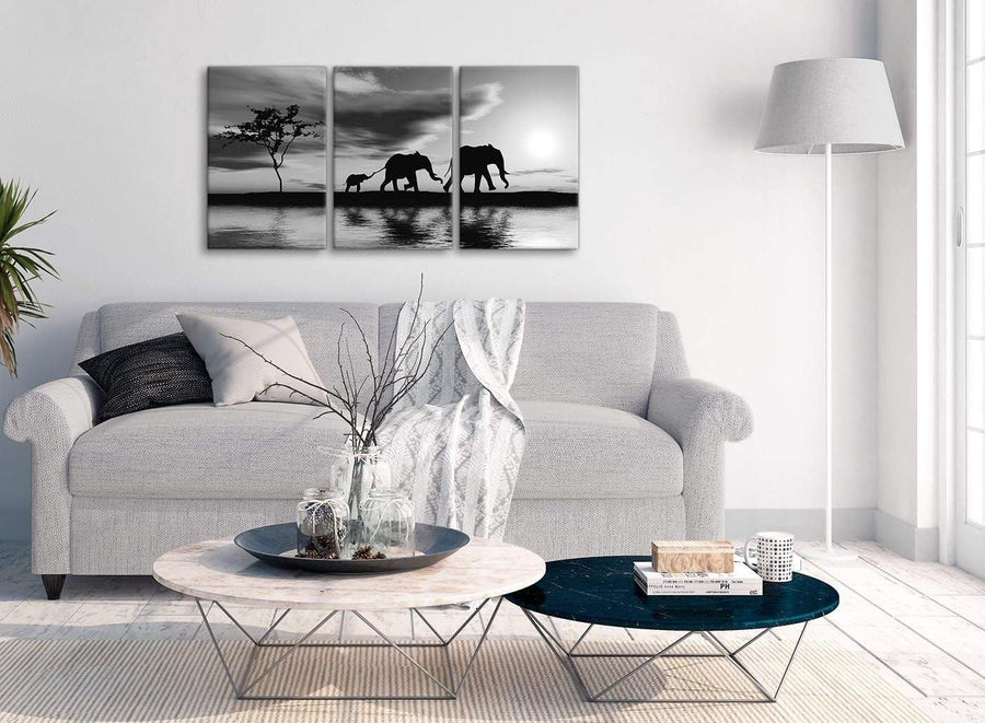 Cheap Black White African Sunset Elephants Canvas Wall Art Print Multi 3 Set 125cm Wide For Your Dining Room-3363