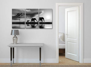 Contemporary Black White African Sunset Elephants Canvas Wall Art Print Multi 3 Set 125cm Wide For Your Kitchen-3363