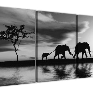 Oversized Black White African Sunset Elephants Canvas Wall Art Print Multi 3 Set 125cm Wide For Your Living Room-3363
