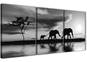 Oversized Black White African Sunset Elephants Canvas Wall Art Print Multi 3 Set 125cm Wide For Your Living Room-3363