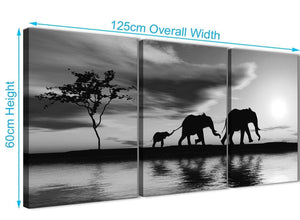 Panoramic Black White African Sunset Elephants Canvas Wall Art Print Multi 3 Set 125cm Wide For Your Dining Room-3363