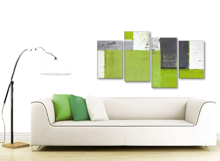Contemporary Large Lime Green Grey Abstract Painting Canvas Wall Art Print Split 4 Piece 130cm Wide 4339 For Your Living Room