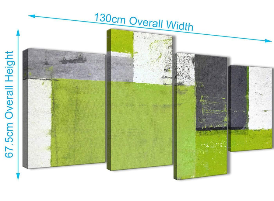 Panoramic Large Lime Green Grey Abstract Painting Canvas Wall Art Print Split 4 Piece 130cm Wide 4339 For Your Living Room