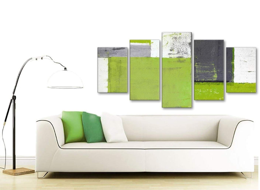 Contemporary Extra Large Lime Green Grey Abstract Painting Canvas Wall Art Print Split 5 Set 160cm Wide 5339 For Your Living Room