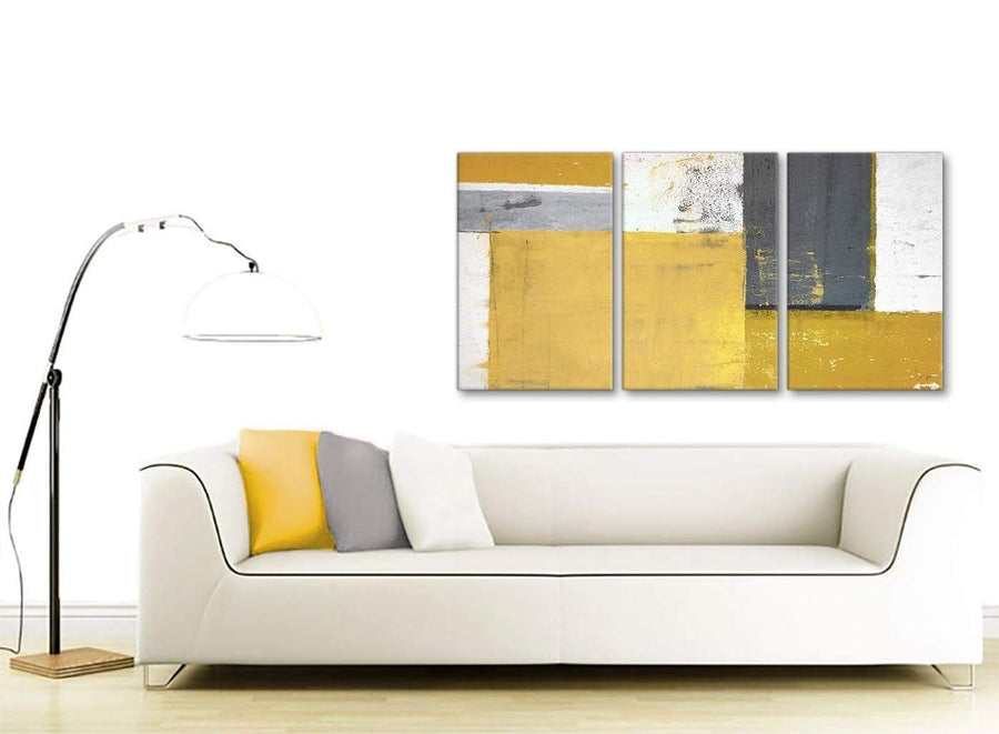 Contemporary Mustard Yellow Grey Abstract Painting Canvas Wall Art Print Split 3 Piece 125cm Wide 3340 For Your Kitchen