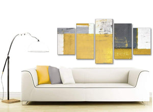 Contemporary Extra Large Mustard Yellow Grey Abstract Painting Canvas Wall Art Print Split 5 Part 160cm Wide 5340 For Your Living Room
