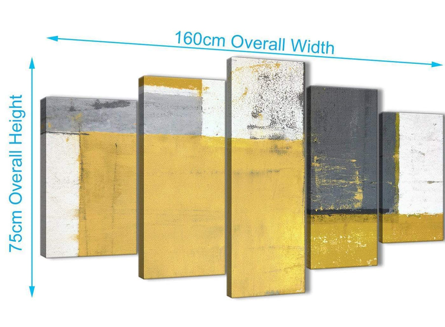 Panoramic Extra Large Mustard Yellow Grey Abstract Painting Canvas Wall Art Print Split 5 Part 160cm Wide 5340 For Your Kitchen