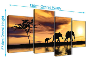 4 Piece Large African Sunset Elephants Canvas Art Prints - Animal - 4479 Mustard Yellow - 130cm Set of Pictures
