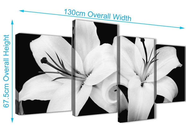 4 Piece Large Black White Lily Flower Bedroom Canvas Wall Art Decor - 4458 - 130cm Set of Prints