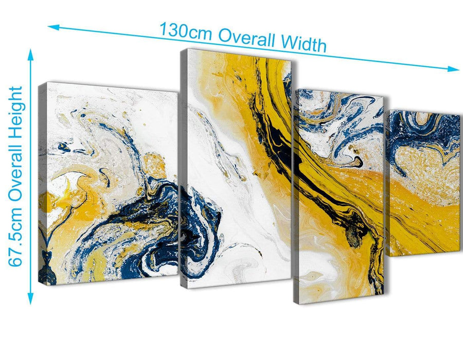 4 Piece Large Mustard Yellow and Blue Swirl Abstract Bedroom Canvas Pictures Decor - 4469 - 130cm Set of Prints