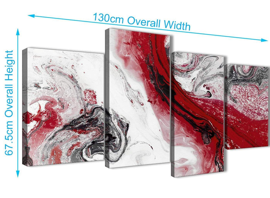 4 Piece Large Red and Grey Swirl Abstract Bedroom Canvas Pictures Decor - 4467 - 130cm Set of Prints