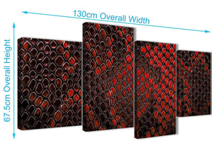4 Piece Large Red Snakeskin Animal Print Abstract Living Room Canvas Pictures Decor - 4476 - 130cm Set of Prints