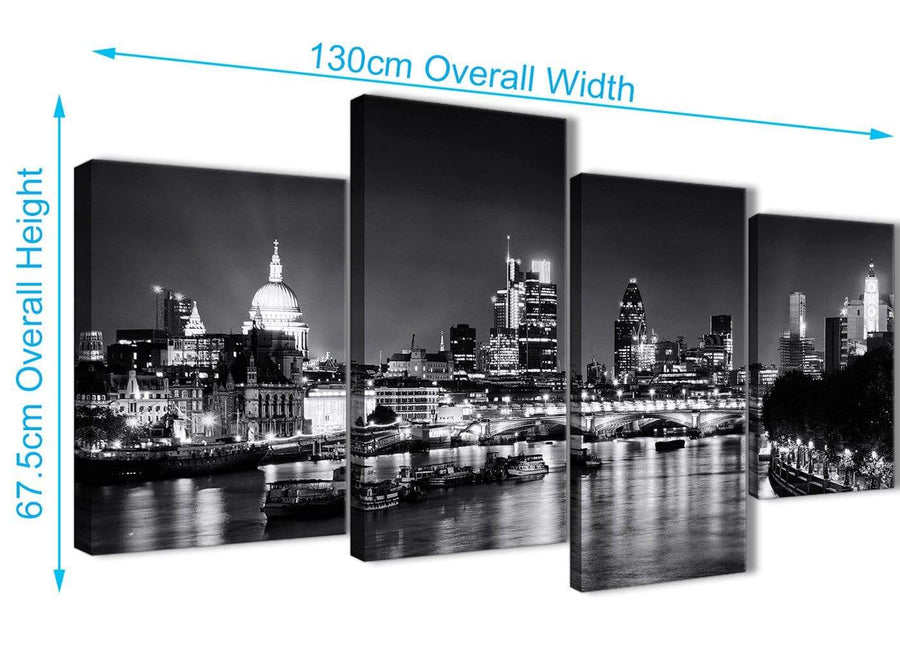 4 Piece Large River Thames Skyline of London Canvas Art Prints - Landscape - 4430 Black White Grey - 130cm Set of Pictures