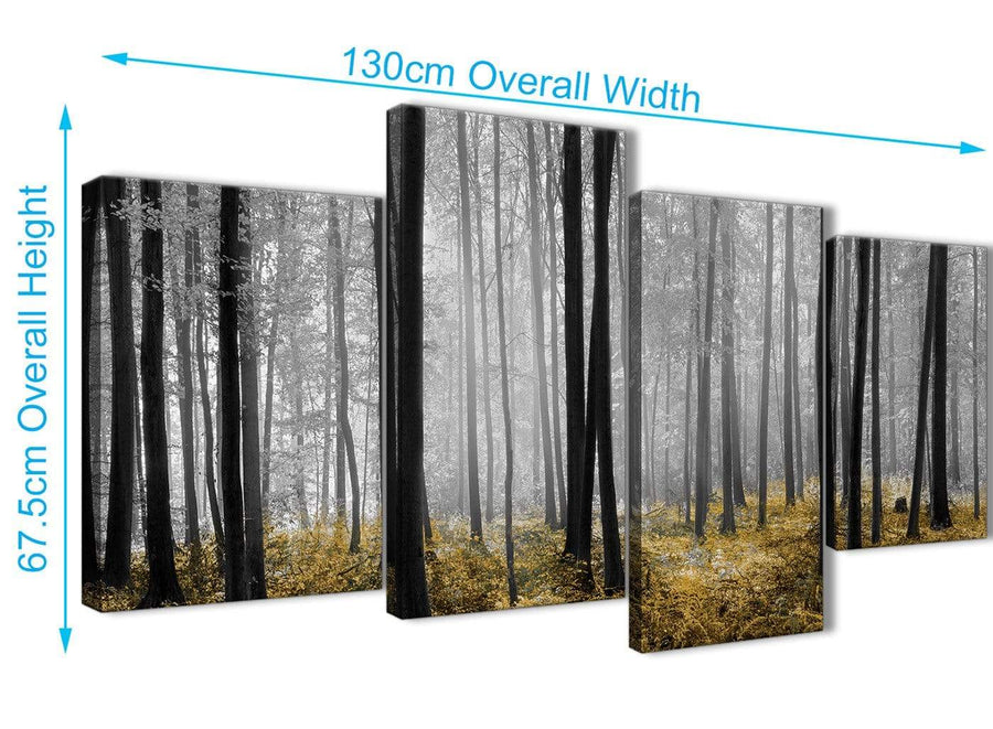 4 Piece Large Yellow and Grey Forest Woodland Trees Bedroom Canvas Pictures Decor - 4384 - 130cm Set of Prints