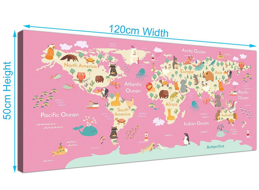 Panoramic Pink Animal Map Of World Atlas Animals Canvas Modern 120cm Wide 1316 For Your Girls Bedroom