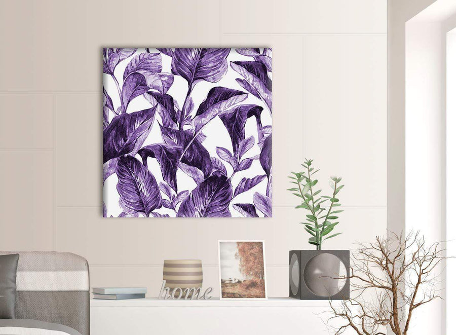 Contemporary Dark Purple White Tropical Exotic Leaves Canvas Modern 79cm Square 1S322L For Your Dining Room