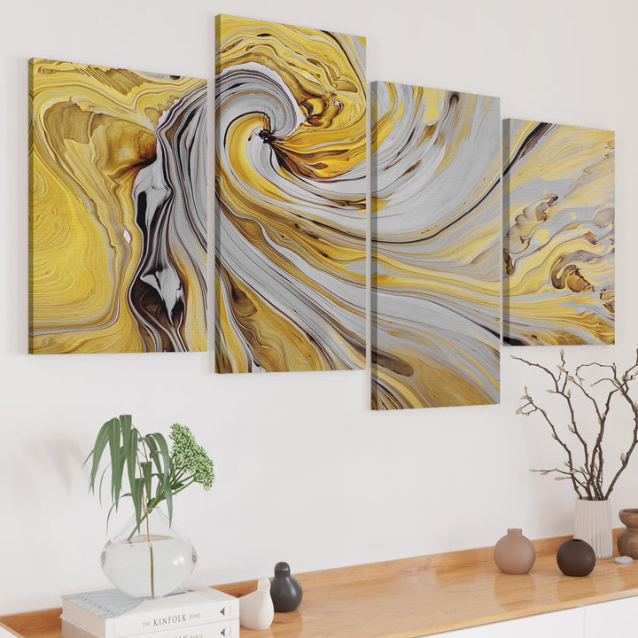 Mustard Yellow and Grey Spiral Swirl - Abstract Canvas Modern - 4290